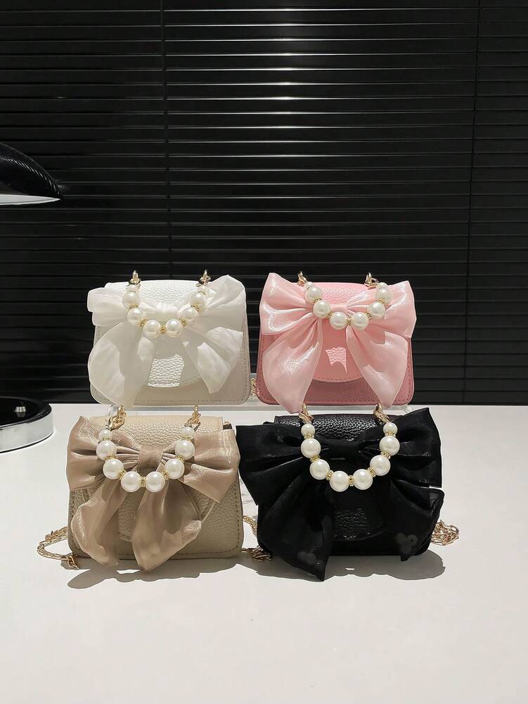 Women's Cute Bow Pearl Handbag With Chain Shoulder Strap Flip Magnetic Closure Fashion Crossbody Purse Stylish Mini Bag For Girls Party Gift