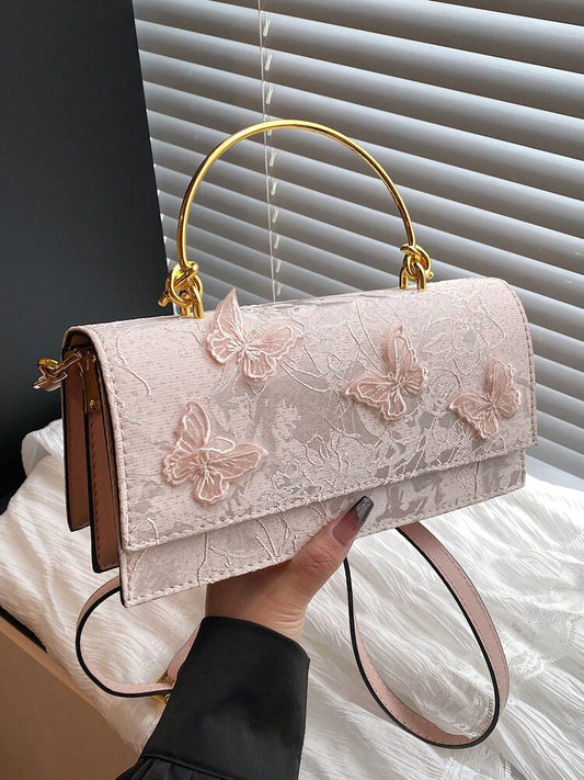 Women's Light Pink Jacquard Rectangular Handbag With Butterfly Decor Brass Knotted Handle Elegant Luxury Bridal Clutch For Wedding Party