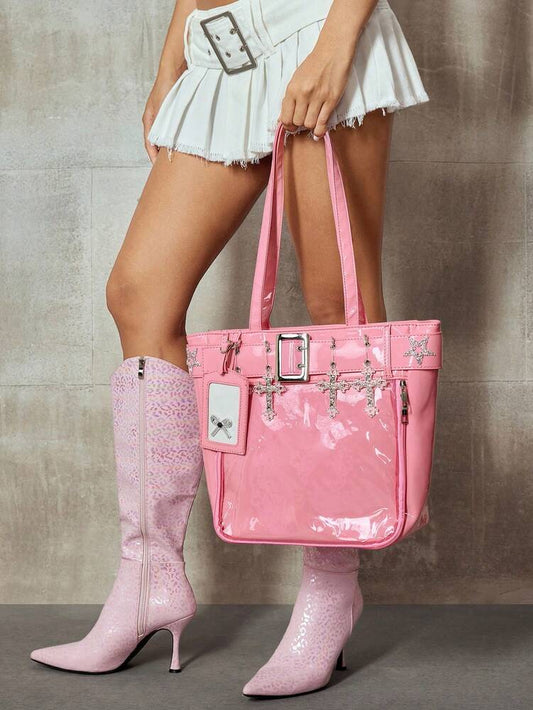 Women's Punk Style Tote Bag Pink Shoulder Handbag With Cross Hardware Star Rivet Decor Y2K Gothic Rock Streetwear Fashion Casual Purse