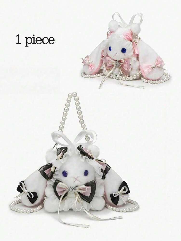 Women's Rabbit Shaped Plush Mini Handbag With Bow Pearl Chain Kawaii Lolita Style Crossbody Bag Cute Purse For Girls Party Holiday Gift