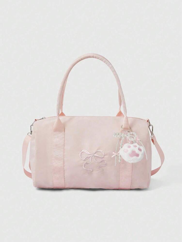 Women's Floral Embroidery Travel Tote Bag 2 In 1 Short Trip Handbag With Bow Decor Rectangular Sports Gym Bag Foldable Waterproof Luggage