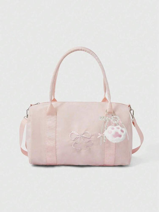 Women's Floral Embroidery Travel Tote Bag 2 In 1 Short Trip Handbag With Bow Decor Rectangular Sports Gym Bag Foldable Waterproof Luggage