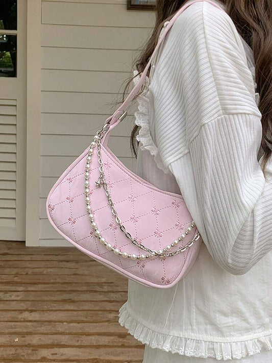 Women's Faux Pearl Chain Crossbody Bag Small Square Shoulder Bag Minimalist Design Elegant Summer Fashion Purse Cute Girly Daily Outfit