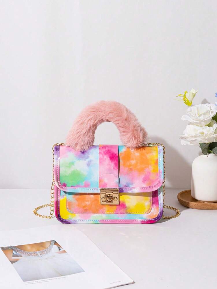 Women's Vintage Plush Handbag With Printed Design Small Square Purse Metal Chain Crossbody Bag Cute Casual Daily Wear Mini Handbag Gift