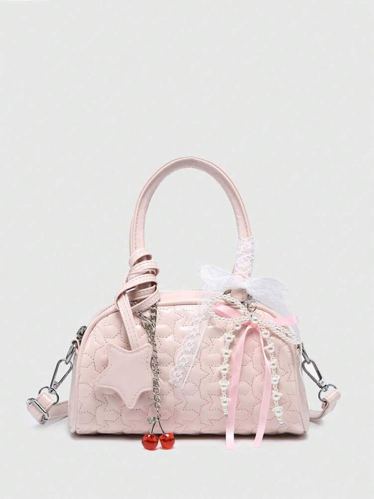 Women's Ballet Style Mini Handbag Cute Cherry Print With Pearl Bow Decor Fashion Shoulder Crossbody Purse For Girls Daily Party Outfits