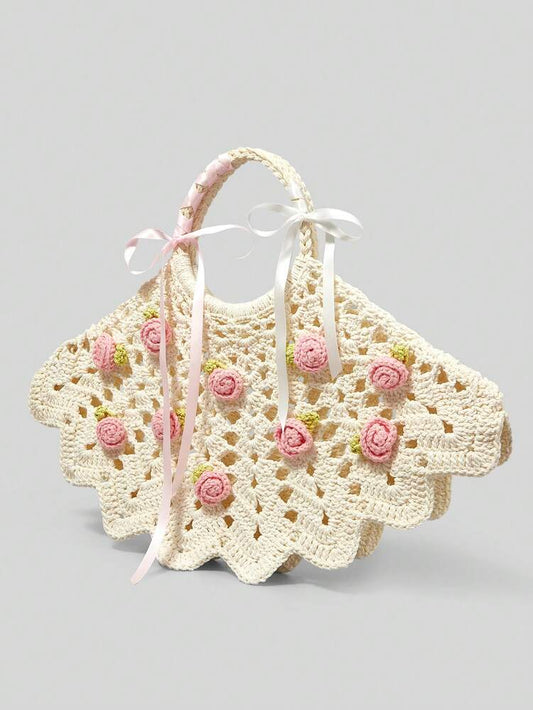 Women's Crochet Tote Bag Minimalist Kawaii Style Handbag Versatile Practical Shoulder Bag Casual Crossbody Purse For Ladies Daily Use