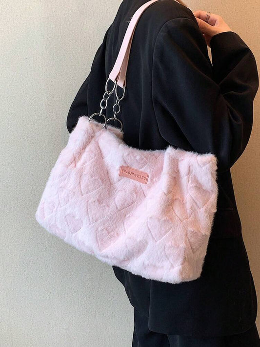 Women's Quilted Tote Bag Large Capacity With Letter Print And Plush Heart Decor Multi Pocket School Bag Work Travel Beach Shopping Purse
