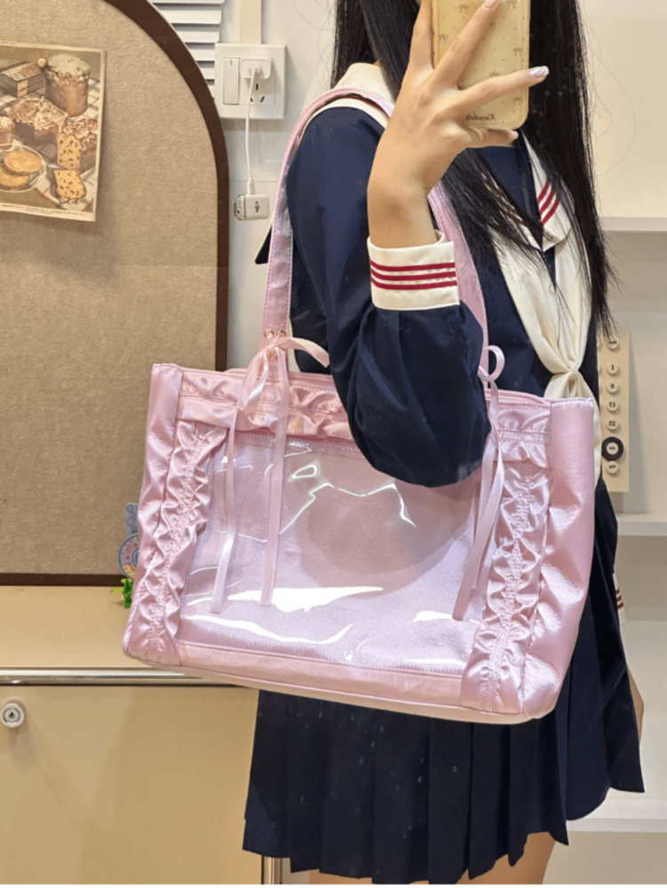 Women's Japanese Harajuku Style Satin Bow Large Capacity Tote Bag Cute Arc Shoulder Purse For Comic Exhibition Cosplay Party Travel Gift
