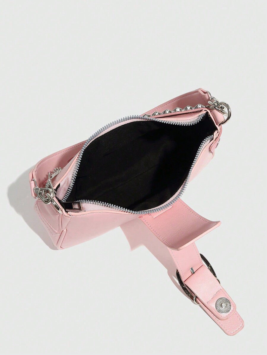 Women's Y2K Star Moon Print Crossbody Bag With Pink Chain Decor Stylish Baguette Shoulder Bag Gothic Steampunk Rock Style Party Purse
