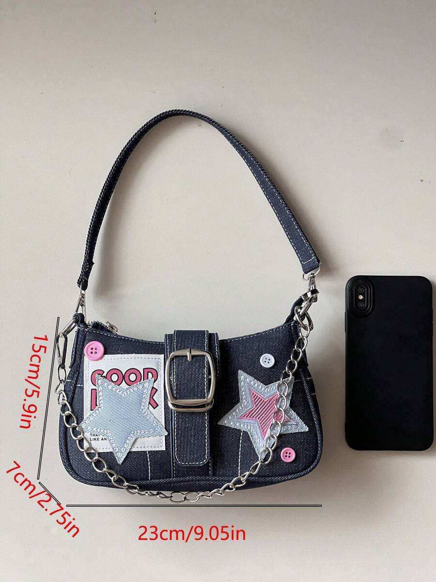 Women's Y2K Star Moon Print Crossbody Bag With Pink Chain Decor Stylish Baguette Shoulder Bag Gothic Steampunk Rock Style Party Purse