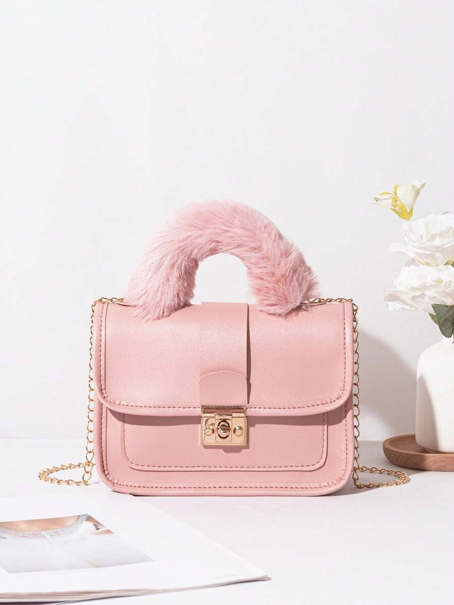 Women's Vintage Plush Handbag With Printed Design Small Square Purse Metal Chain Crossbody Bag Cute Casual Daily Wear Mini Handbag Gift