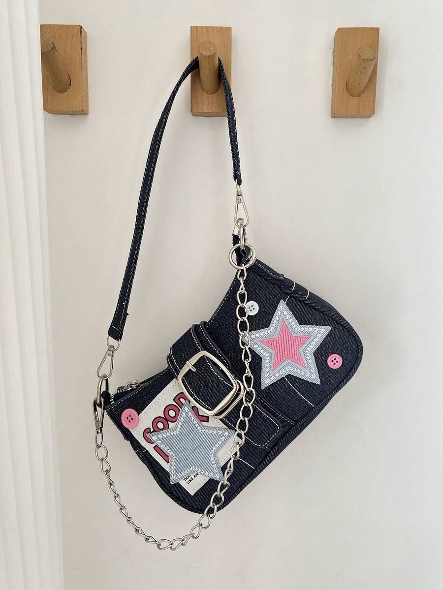 Women's Y2K Star Moon Print Crossbody Bag With Pink Chain Decor Stylish Baguette Shoulder Bag Gothic Steampunk Rock Style Party Purse