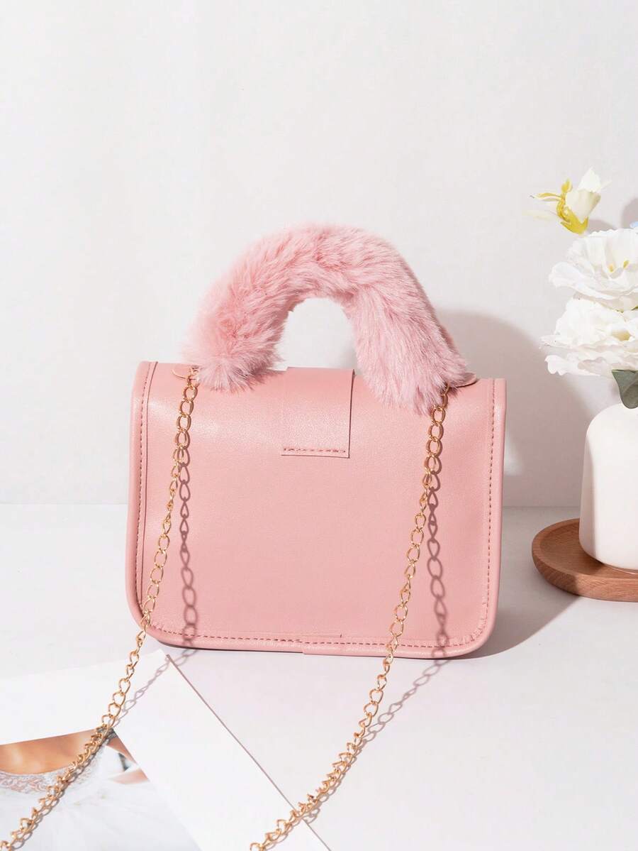 Women's Vintage Plush Handbag With Printed Design Small Square Purse Metal Chain Crossbody Bag Cute Casual Daily Wear Mini Handbag Gift