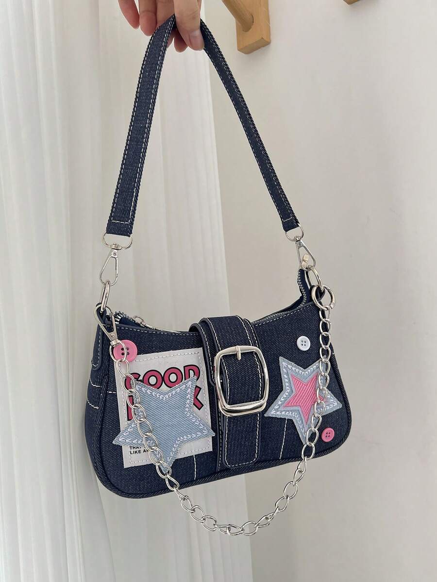 Women's Y2K Star Moon Print Crossbody Bag With Pink Chain Decor Stylish Baguette Shoulder Bag Gothic Steampunk Rock Style Party Purse