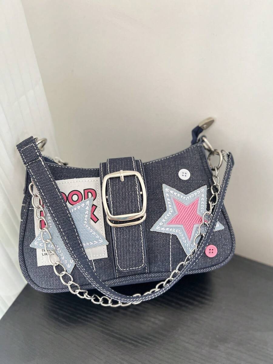 Women's Y2K Star Moon Print Crossbody Bag With Pink Chain Decor Stylish Baguette Shoulder Bag Gothic Steampunk Rock Style Party Purse