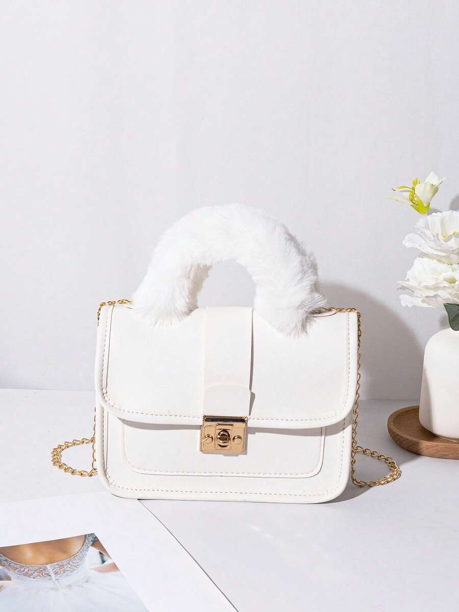 Women's Vintage Plush Handbag With Printed Design Small Square Purse Metal Chain Crossbody Bag Cute Casual Daily Wear Mini Handbag Gift