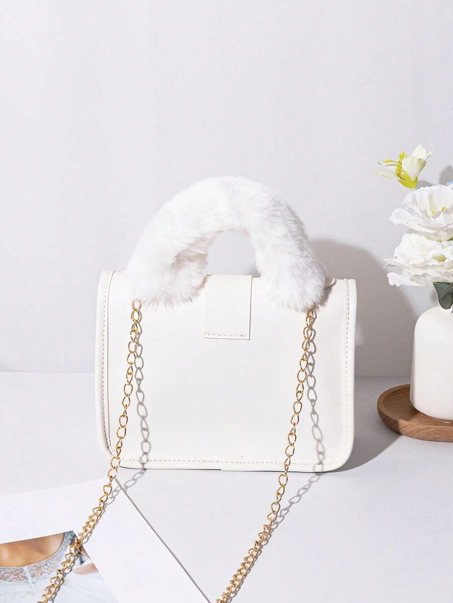 Women's Vintage Plush Handbag With Printed Design Small Square Purse Metal Chain Crossbody Bag Cute Casual Daily Wear Mini Handbag Gift