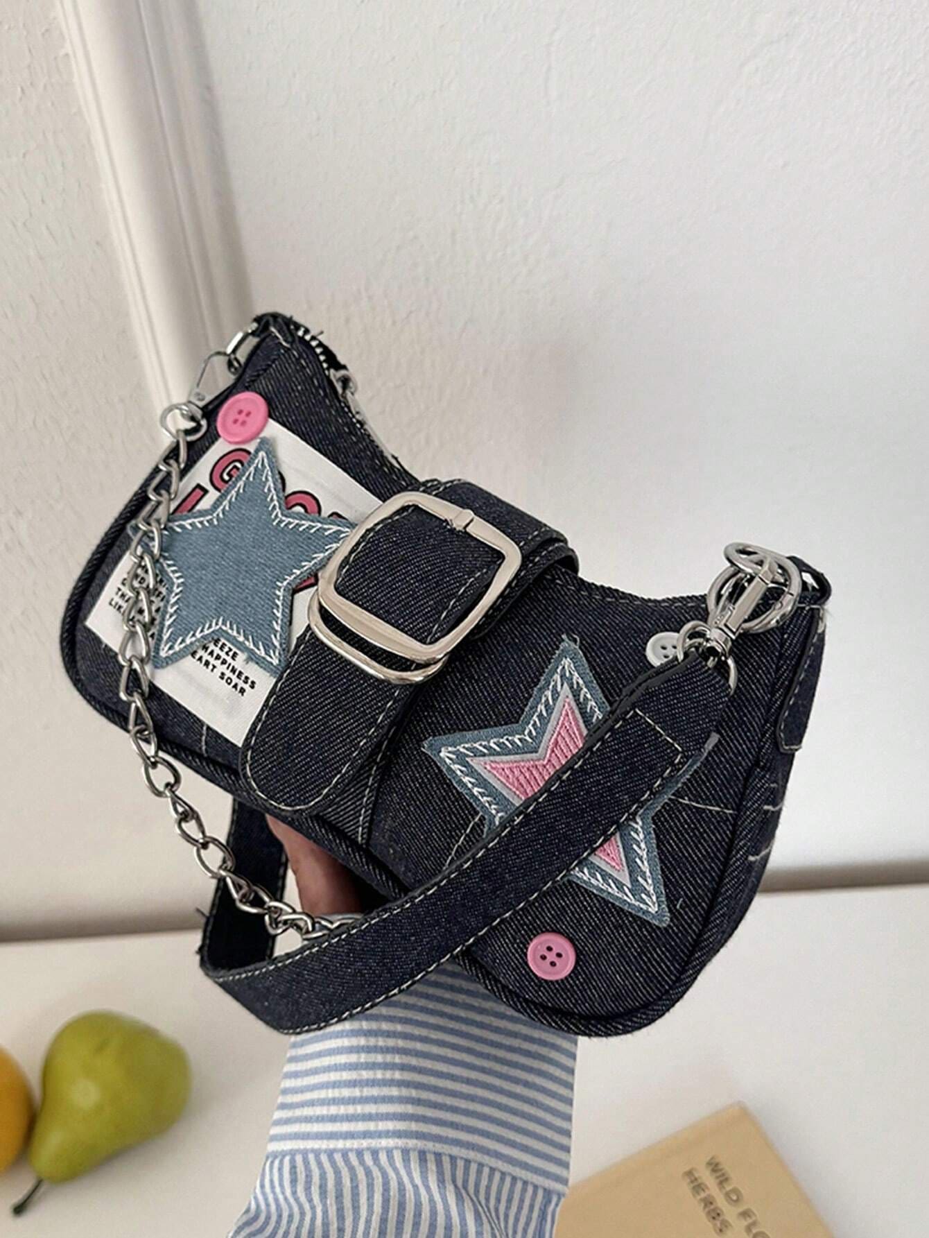 Women's Y2K Star Moon Print Crossbody Bag With Pink Chain Decor Stylish Baguette Shoulder Bag Gothic Steampunk Rock Style Party Purse