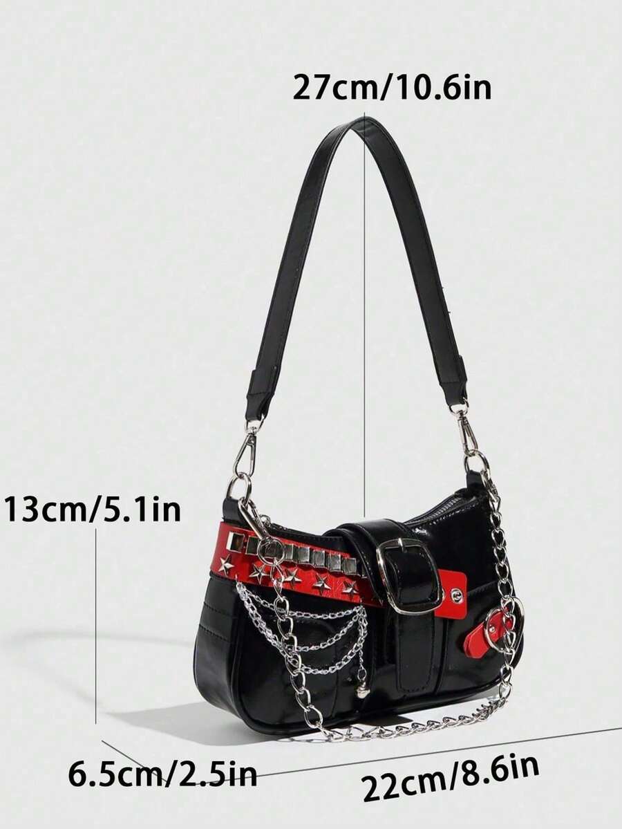 Women's Y2K Star Moon Print Crossbody Bag With Pink Chain Decor Stylish Baguette Shoulder Bag Gothic Steampunk Rock Style Party Purse