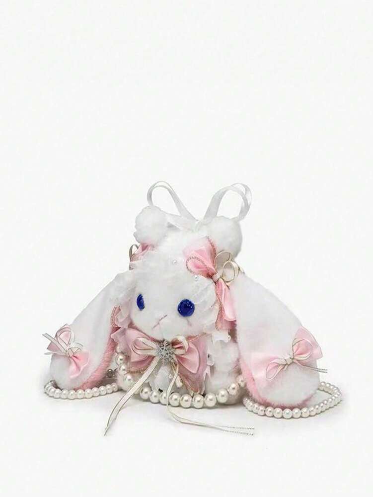 Women's Rabbit Shaped Plush Mini Handbag With Bow Pearl Chain Kawaii Lolita Style Crossbody Bag Cute Purse For Girls Party Holiday Gift