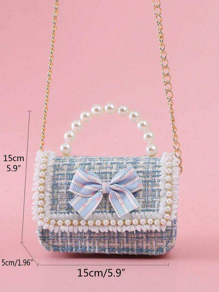 Girls Mini Handbag With Bow Pearl Lace Decor PU Leather Chain Flap Closure Cute Small Purse For Kids Daily Outings Festival Party Gift