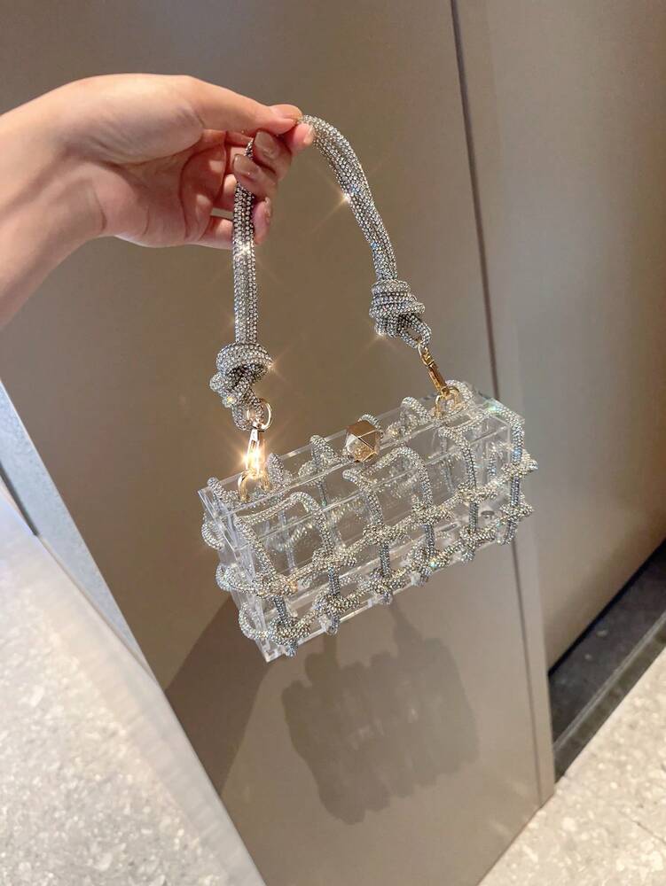 Women's Rhinestone Crescent Moon Clutch Elegant Sparkling Evening Bag With Glitter Detailing Rope Handle Prom Dinner Wedding Party Purse