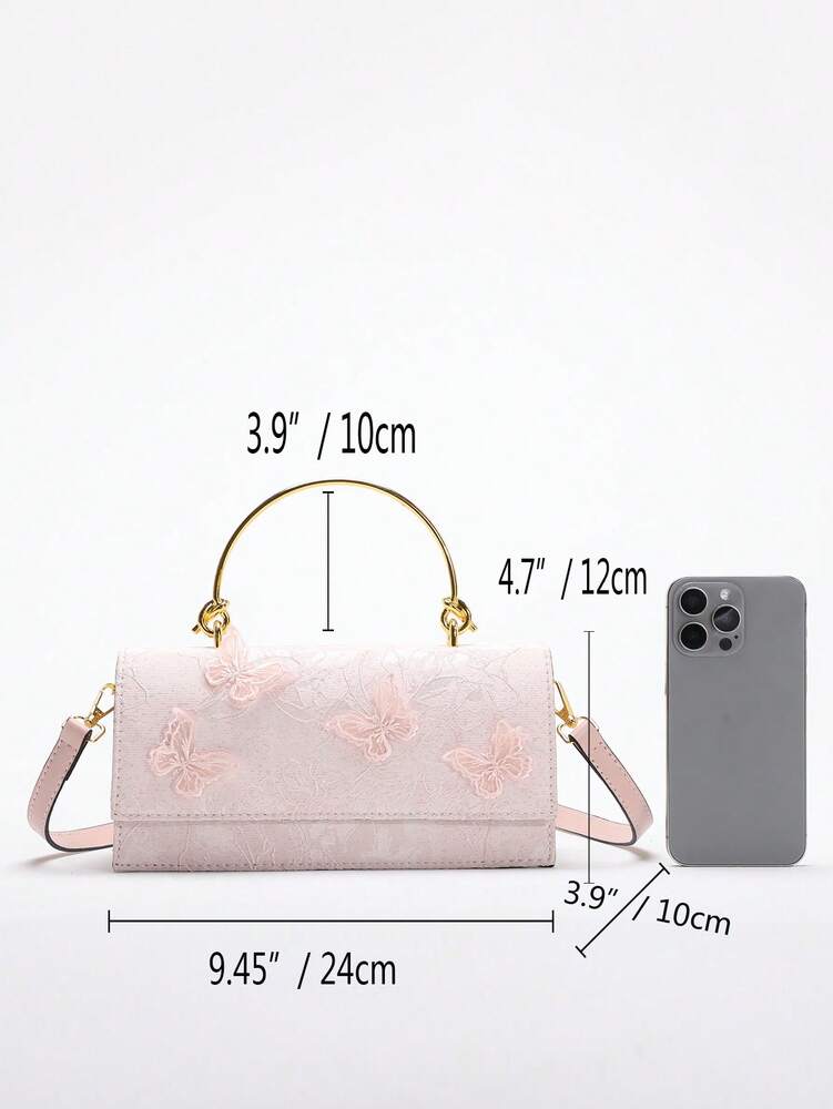 Women's Light Pink Jacquard Rectangular Handbag With Butterfly Decor Brass Knotted Handle Elegant Luxury Bridal Clutch For Wedding Party