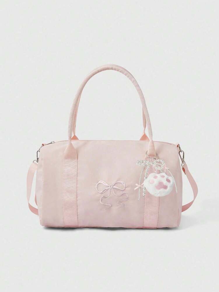 Women's Floral Embroidery Travel Tote Bag 2 In 1 Short Trip Handbag With Bow Decor Rectangular Sports Gym Bag Foldable Waterproof Luggage