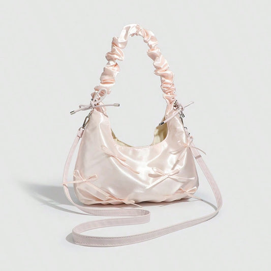 Women's Pleated Strap Cloud Bag Solid Color Underarm Shoulder Crossbody Handbag Elegant Minimalist Design With Cute Bow Fashion Tote Bag
