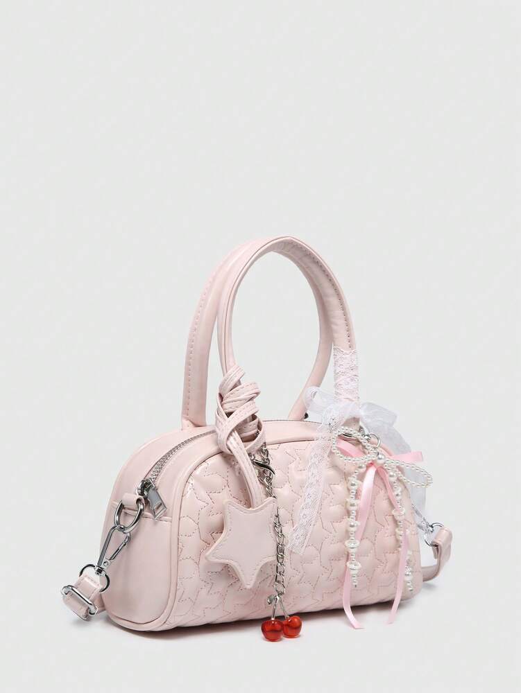 Women's Ballet Style Mini Handbag Cute Cherry Print With Pearl Bow Decor Fashion Shoulder Crossbody Purse For Girls Daily Party Outfits