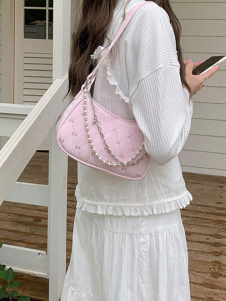 Women's Faux Pearl Chain Crossbody Bag Small Square Shoulder Bag Minimalist Design Elegant Summer Fashion Purse Cute Girly Daily Outfit