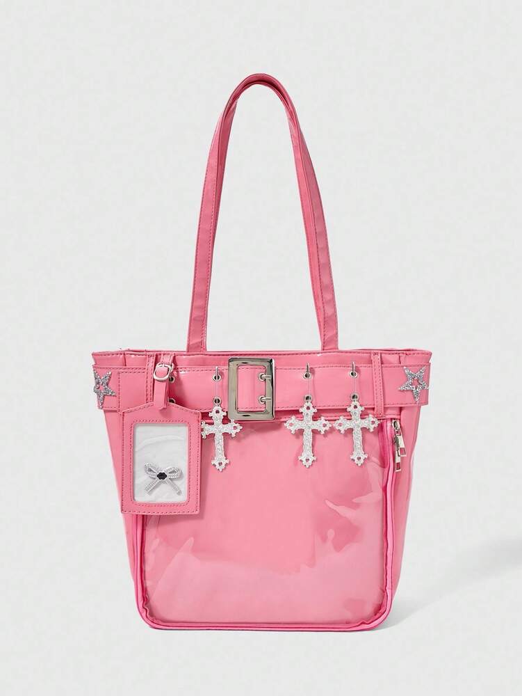 Women's Punk Style Tote Bag Pink Shoulder Handbag With Cross Hardware Star Rivet Decor Y2K Gothic Rock Streetwear Fashion Casual Purse
