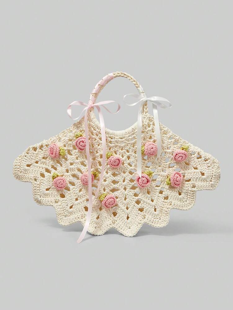 Women's Crochet Tote Bag Minimalist Kawaii Style Handbag Versatile Practical Shoulder Bag Casual Crossbody Purse For Ladies Daily Use