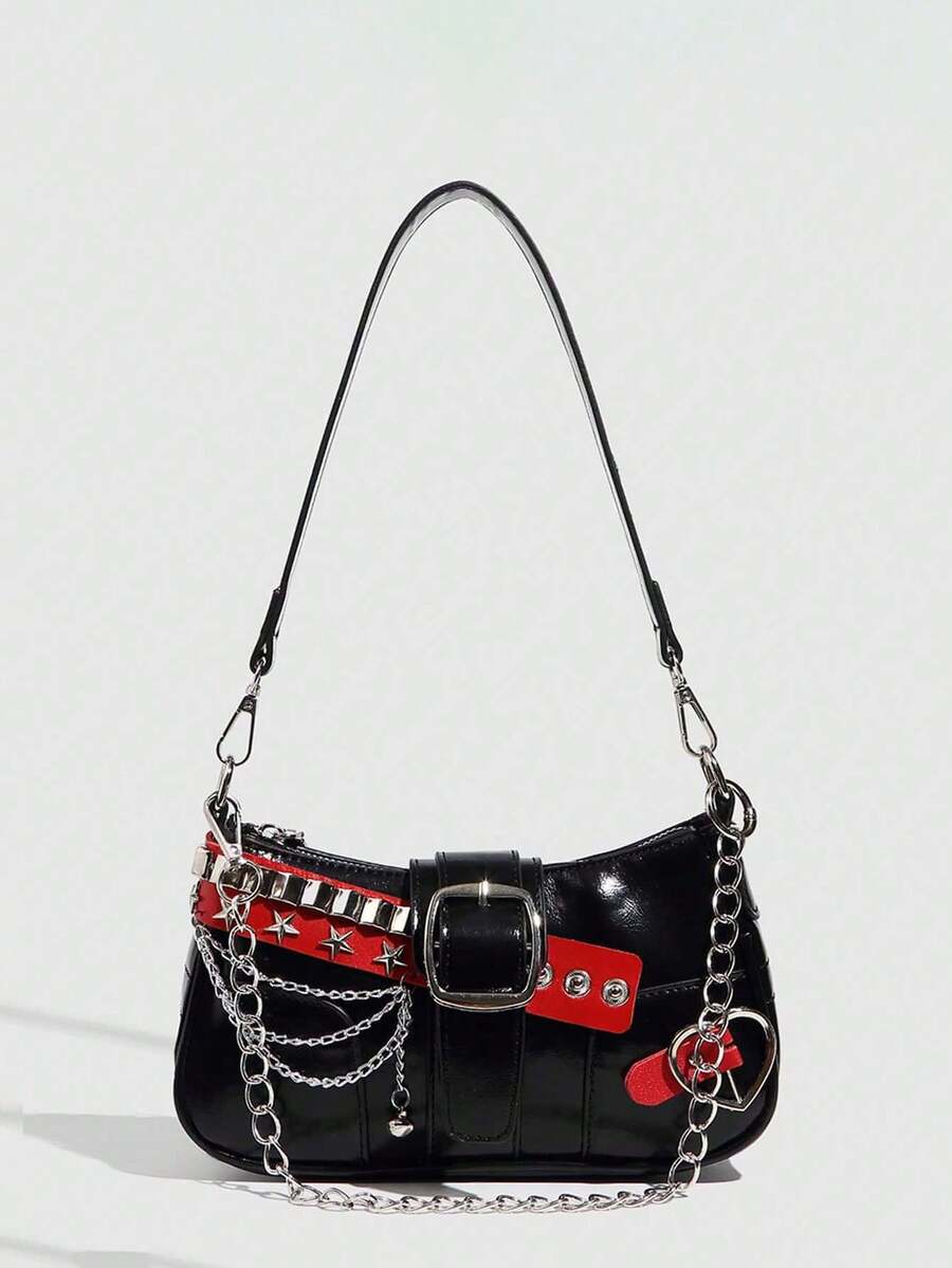 Women's Y2K Star Moon Print Crossbody Bag With Pink Chain Decor Stylish Baguette Shoulder Bag Gothic Steampunk Rock Style Party Purse