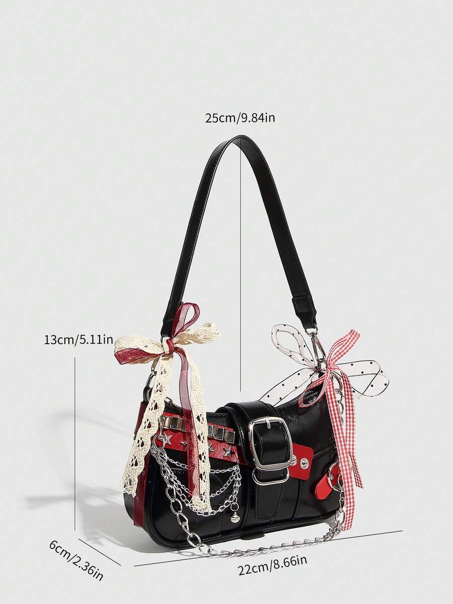 Women's Y2K Star Moon Print Crossbody Bag With Pink Chain Decor Stylish Baguette Shoulder Bag Gothic Steampunk Rock Style Party Purse