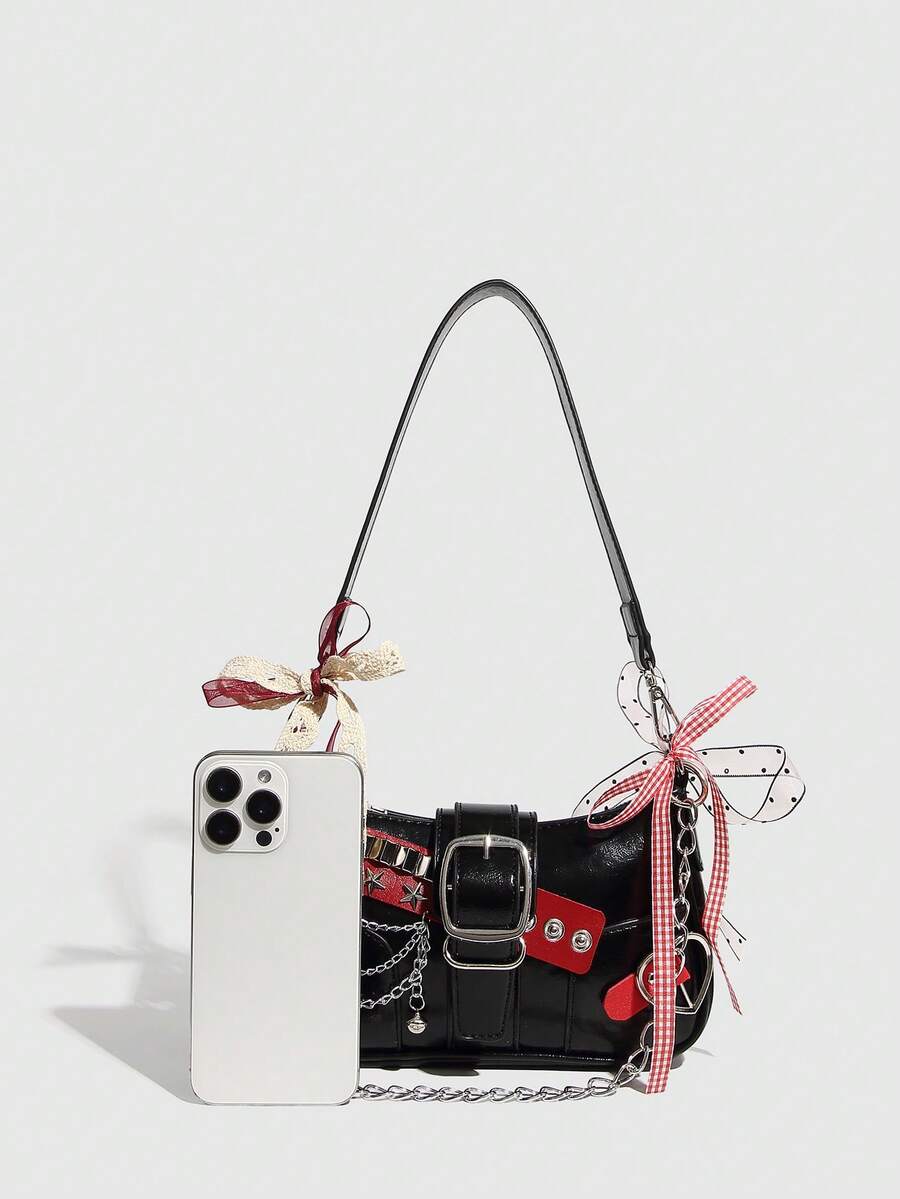 Women's Y2K Star Moon Print Crossbody Bag With Pink Chain Decor Stylish Baguette Shoulder Bag Gothic Steampunk Rock Style Party Purse