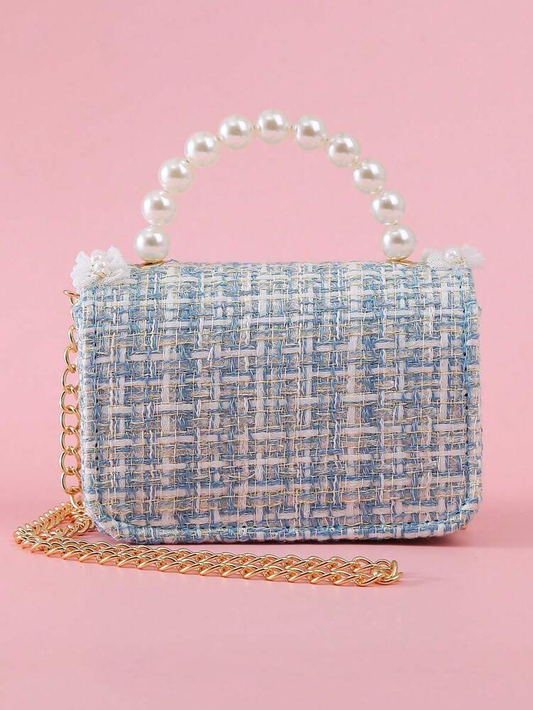 Girls Mini Handbag With Bow Pearl Lace Decor PU Leather Chain Flap Closure Cute Small Purse For Kids Daily Outings Festival Party Gift