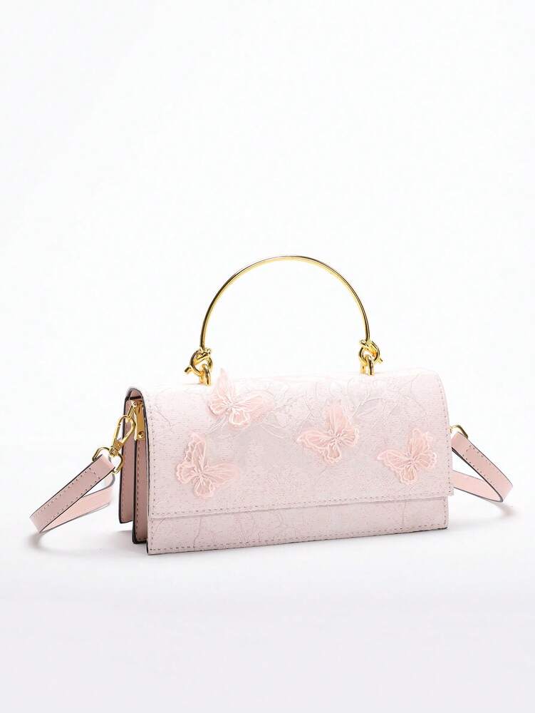 Women's Light Pink Jacquard Rectangular Handbag With Butterfly Decor Brass Knotted Handle Elegant Luxury Bridal Clutch For Wedding Party