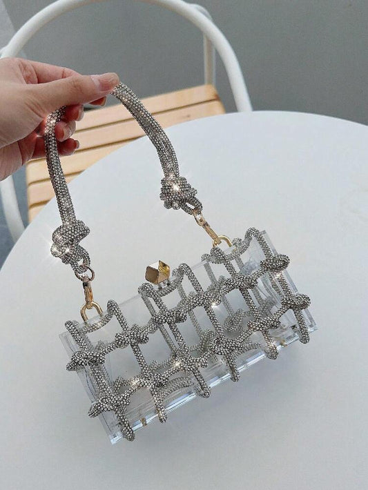 Women's Rhinestone Crescent Moon Clutch Elegant Sparkling Evening Bag With Glitter Detailing Rope Handle Prom Dinner Wedding Party Purse