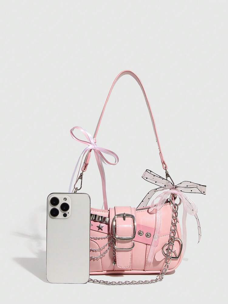 Women's Y2K Star Moon Print Crossbody Bag With Pink Chain Decor Stylish Baguette Shoulder Bag Gothic Steampunk Rock Style Party Purse