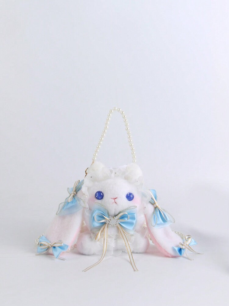 Women's Rabbit Shaped Plush Mini Handbag With Bow Pearl Chain Kawaii Lolita Style Crossbody Bag Cute Purse For Girls Party Holiday Gift