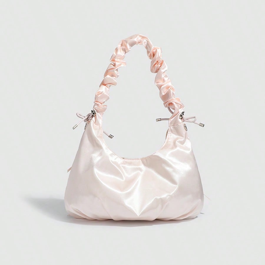 Women's Pleated Strap Cloud Bag Solid Color Underarm Shoulder Crossbody Handbag Elegant Minimalist Design With Cute Bow Fashion Tote Bag