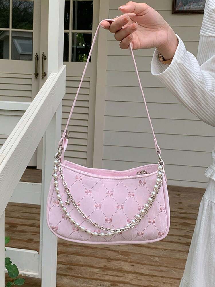 Women's Faux Pearl Chain Crossbody Bag Small Square Shoulder Bag Minimalist Design Elegant Summer Fashion Purse Cute Girly Daily Outfit
