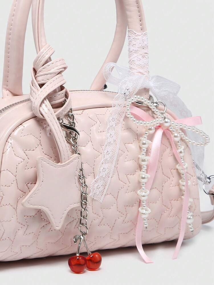 Women's Ballet Style Mini Handbag Cute Cherry Print With Pearl Bow Decor Fashion Shoulder Crossbody Purse For Girls Daily Party Outfits