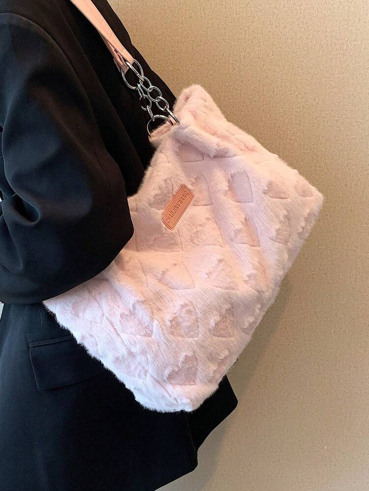 Women's Quilted Tote Bag Large Capacity With Letter Print And Plush Heart Decor Multi Pocket School Bag Work Travel Beach Shopping Purse