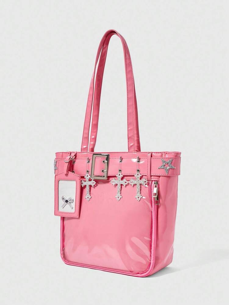 Women's Punk Style Tote Bag Pink Shoulder Handbag With Cross Hardware Star Rivet Decor Y2K Gothic Rock Streetwear Fashion Casual Purse