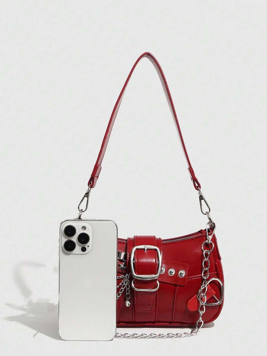 Women's Y2K Star Moon Print Crossbody Bag With Pink Chain Decor Stylish Baguette Shoulder Bag Gothic Steampunk Rock Style Party Purse