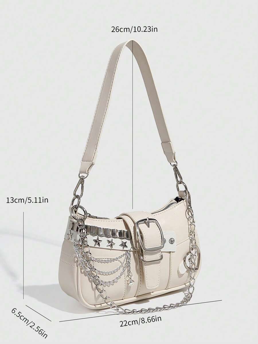 Women's Y2K Star Moon Print Crossbody Bag With Pink Chain Decor Stylish Baguette Shoulder Bag Gothic Steampunk Rock Style Party Purse