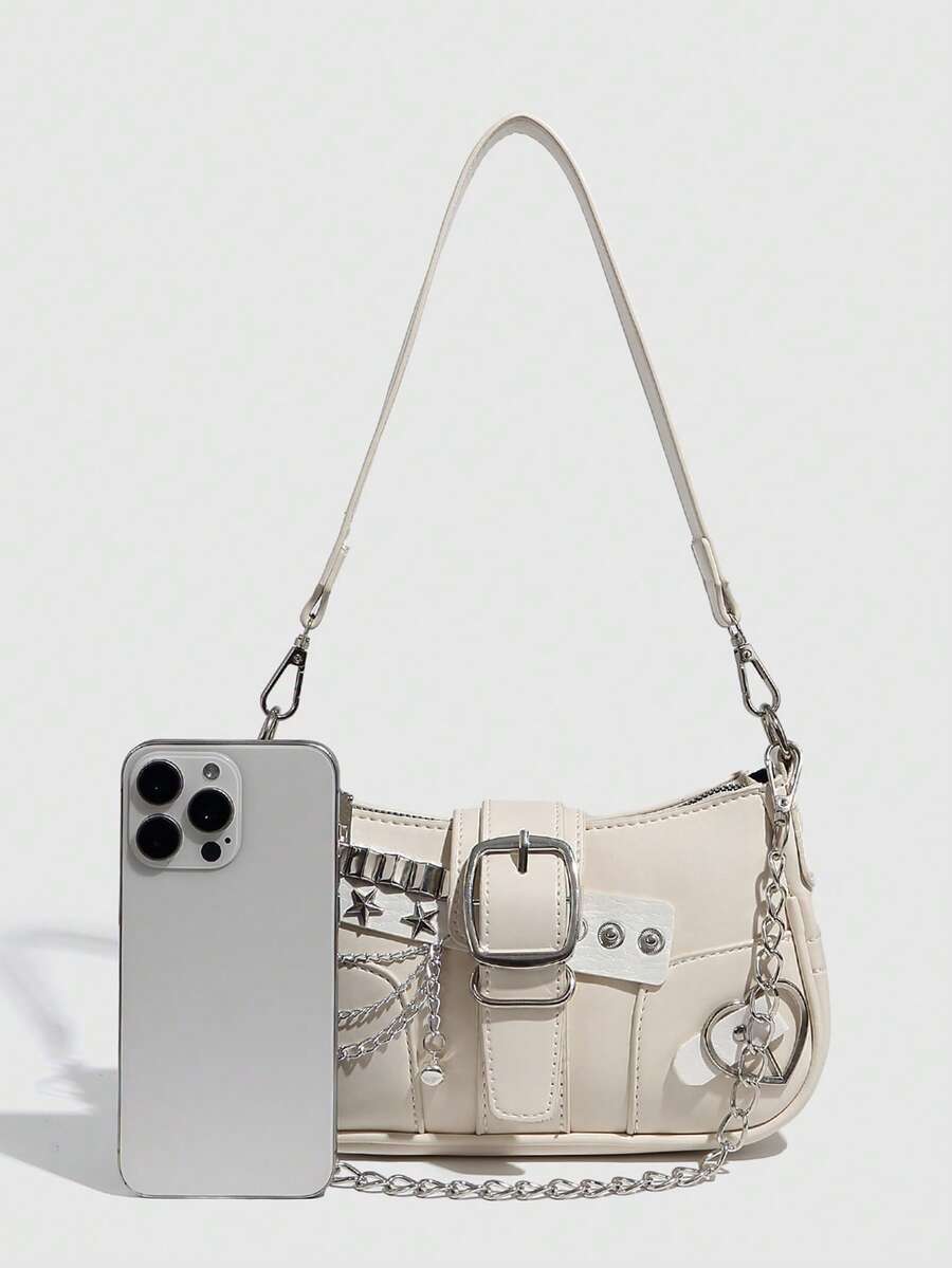 Women's Y2K Star Moon Print Crossbody Bag With Pink Chain Decor Stylish Baguette Shoulder Bag Gothic Steampunk Rock Style Party Purse