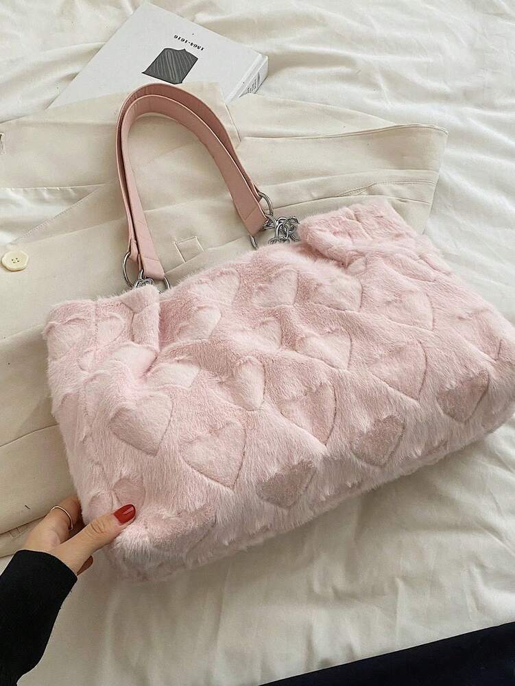 Women's Quilted Tote Bag Large Capacity With Letter Print And Plush Heart Decor Multi Pocket School Bag Work Travel Beach Shopping Purse